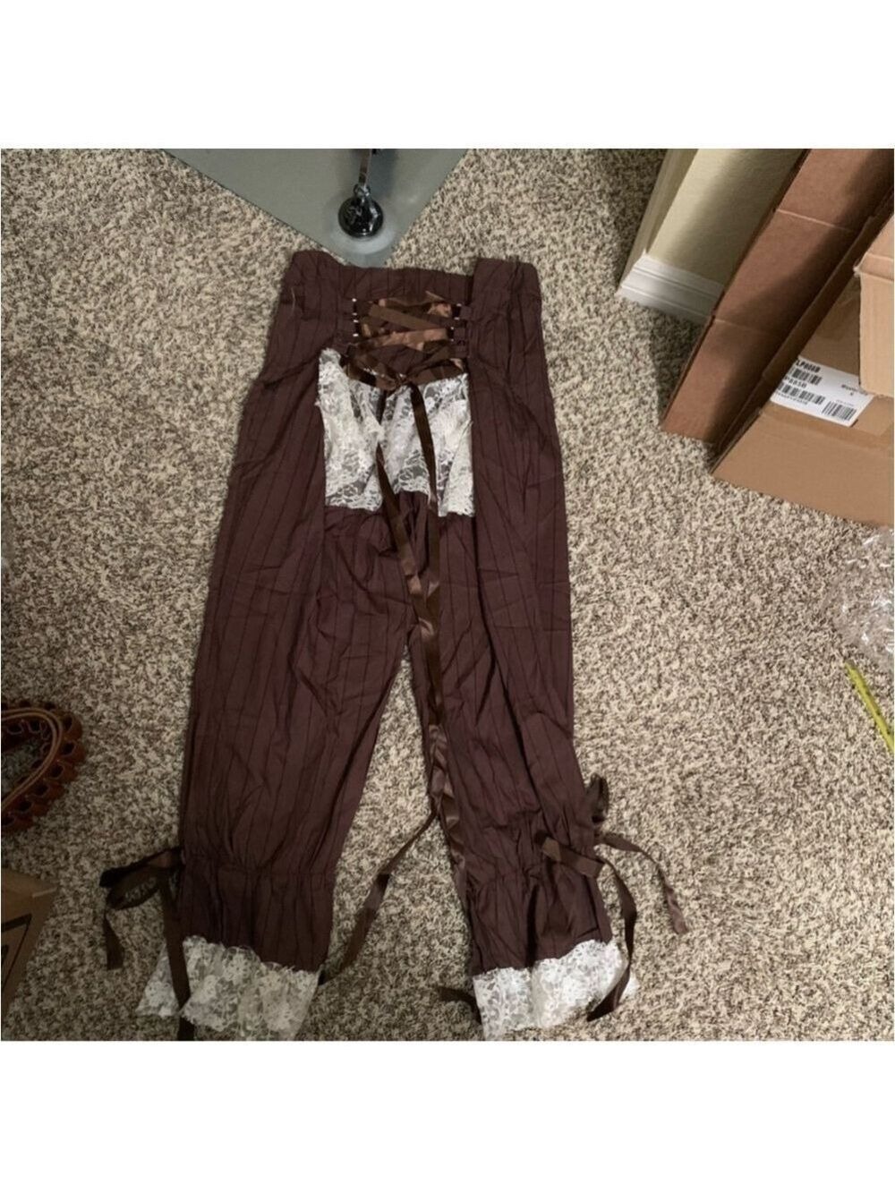 Brown Pin Stripe Lace Trim Corset Ribbon Steampunk Pants - Picture 15 of 16